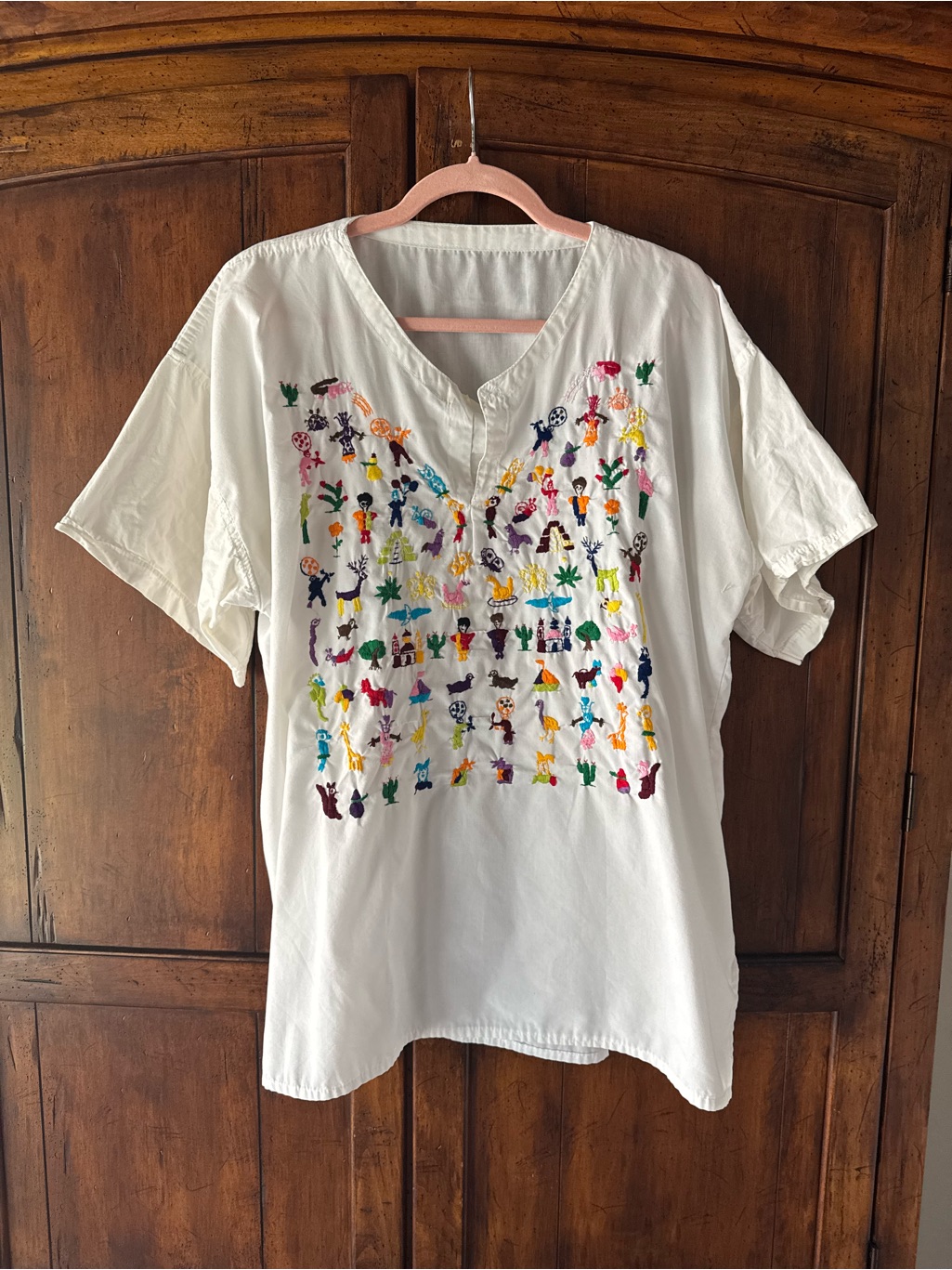 Vintage Mexican Cotton Embroidered Folk Icons Tunic Top